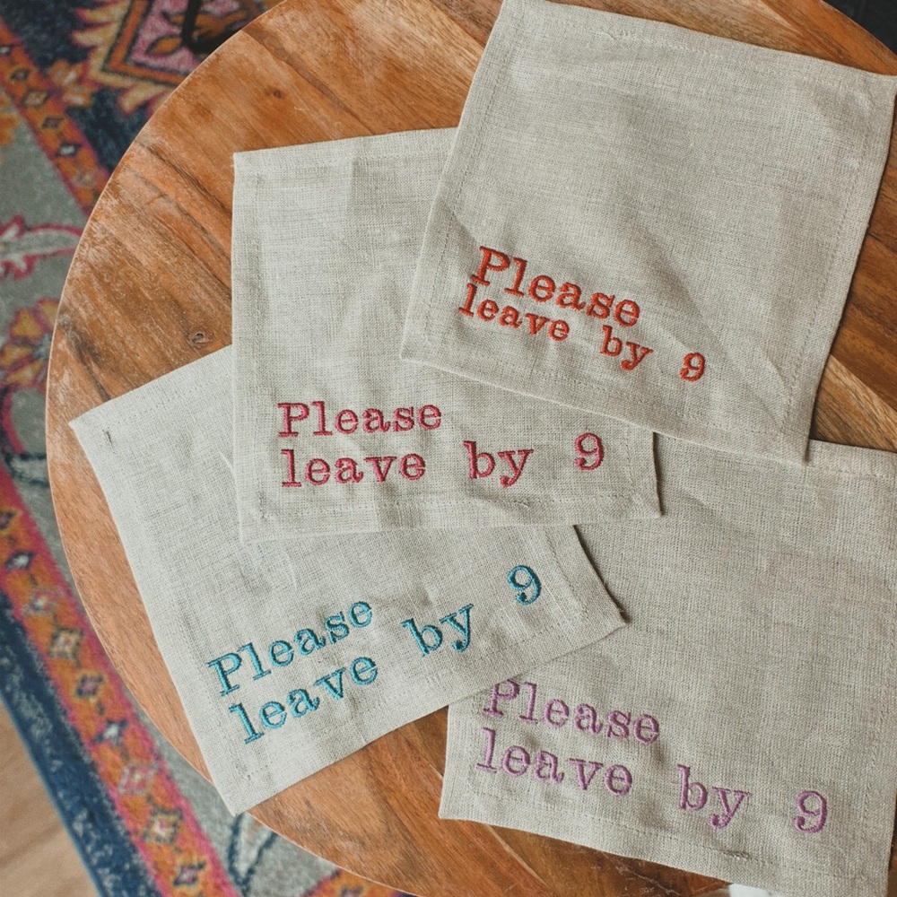 Embroidered Linen Napkins - Please Leave by 9